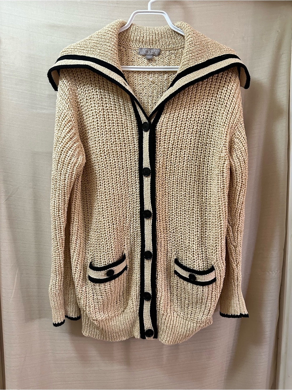 J.Crew Nautical Open Knit Sailor Collar Cardigan Sweater Cream Black S
